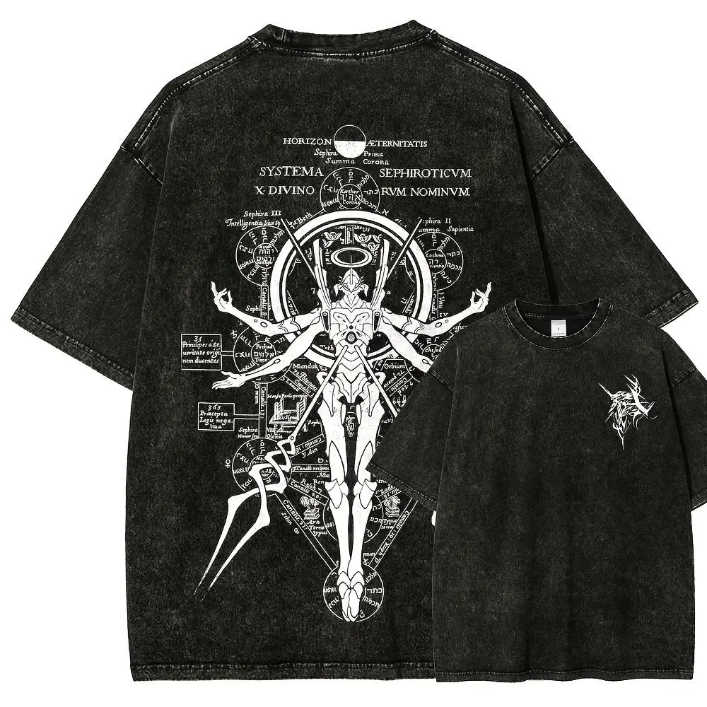 BACK TO SCHOOLMen's Neon Genesis Evangelion Short-Sleeve Vintage Distressed Washed Unisex-Fit Casual Tops T-Shirt Black good graphic tees vintage t shirts cotton graphic tees funny graphic tee goofy t shirts white tee summer graphic tees humorous tshirt m