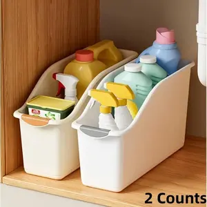 2 Counts Plastic Storage Bins Set, Curved Design for Home Organization, Ideal for Cleaning Products & Household Essentials, Multipurpose Baskets