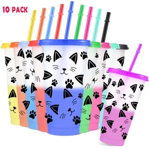 10pcs/24oz/710ml/Cat Plastic Tumblers,Color Changing Cups With Lids And Straws,Reusable Iced Coffee Cups,Funny Cat Themed Gifts For Women Men,Cat Gifts For Cat Lovers,Birthday Christmas Gift For Cat Mom/Dad,Water Bottles,Holiday Party Decorations