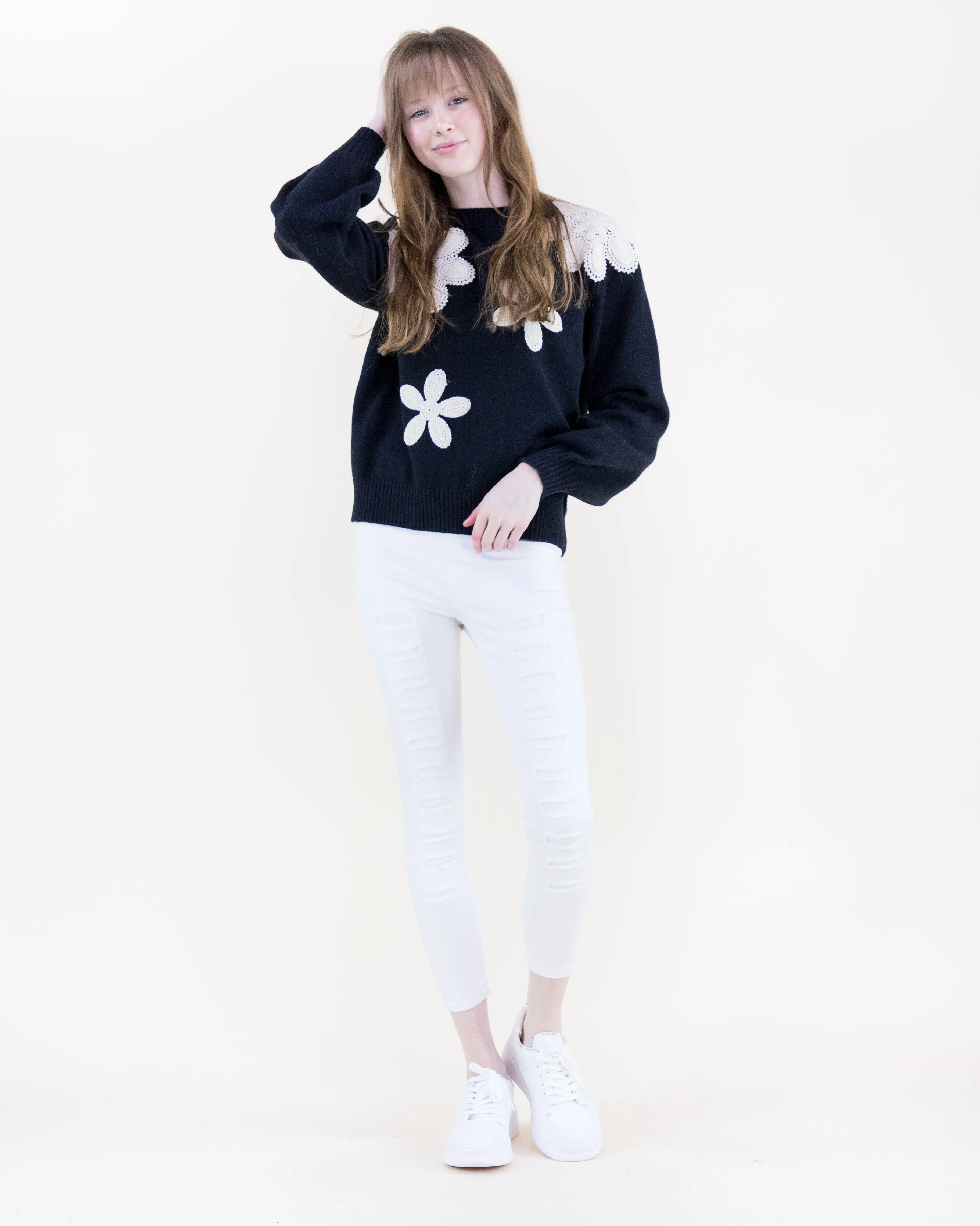 Crochet Embroidered Flowers Crew Neck Sweater - Soft Cashmere-feel Knit, Romantic Feminine Chic, Long Sleeve, Relaxed Fit, Perfect for Casual Outings