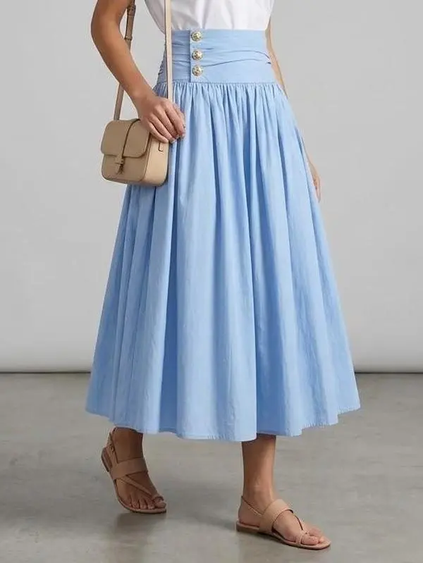Women's High-Waist Pleated A-Line Midi Skirt - Gold Button Detail, Invisible Zipper, Chic
