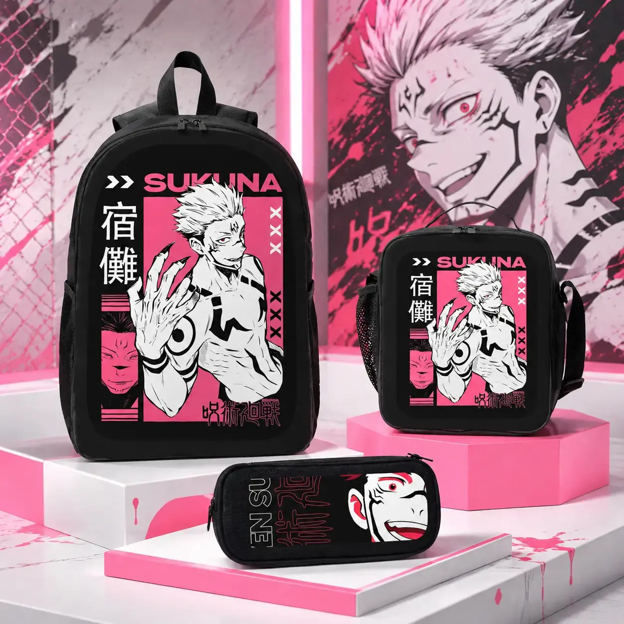 Jujutsu Kaisen Gojo Satoru Anime Backpack Set, 3-Piece Polyester School Daypack for Teens, Lightweight Multi-Compartment Bag with Lunch Bag & Pencil Case, Adjustable shoulder strap School Backpack