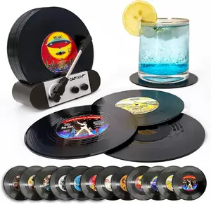 Funny Retro Vinyl Record Coasters, Creative Drink Coasters Set of 12 with Vinyl Record Player Holder for Music Lovers