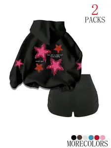 Women's Fall Winter Hooded Sweatshirt Set, Cute Star Print Drawstring Pullover, Fashion Pocket Design, Casual Daily Wear