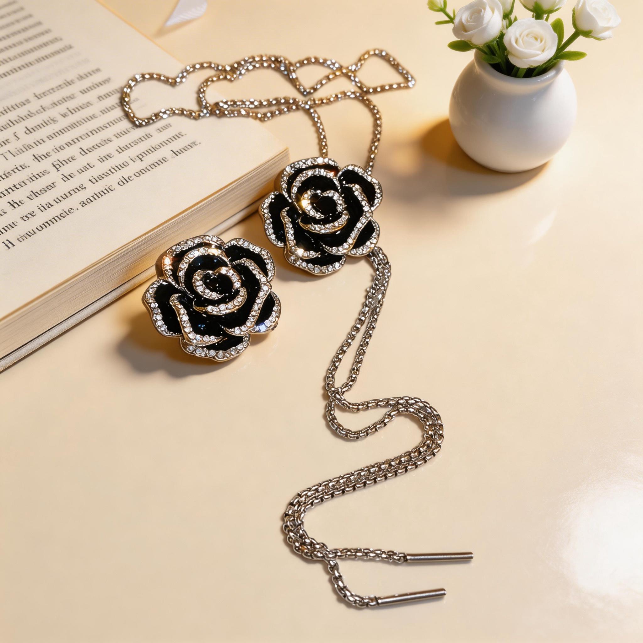 Sensitive Skin-Safe Black Rose Necklace, Adjustable Chain, a Surprise Gift for Anniversary/Prom Hypoallergenic Luxury Rose Necklace & Brooch, Sparkling CZ, a Precious Gift for Her Sensitive Skin