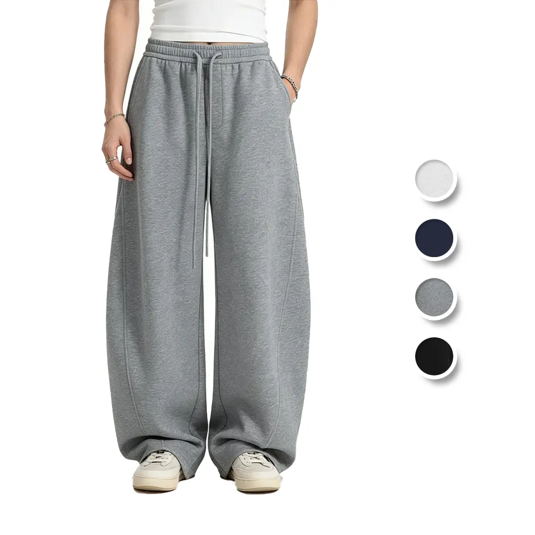Gihuo Men's Curved Seam Baggy Sweatpants, Wide Leg Jogger Pants with Elastic Drawstring Waist, Casual Streetwear Warm Trousers