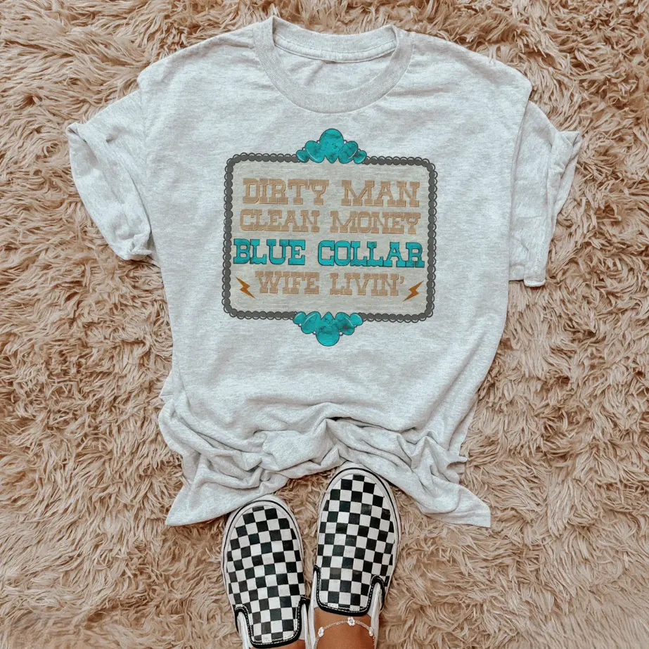 Blue Collar Wife Livin’ Tee, graphic tees women, western outfits women, western tops clothing, rodeo cowgirl outfits women, country concert outfits, shirt, sweatshirt, hoodie