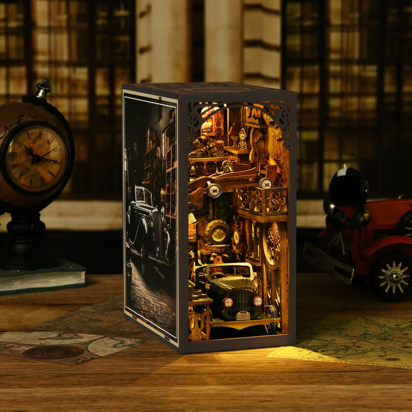3D Wooden DIY Model Kit - Battery-Powered LED Light Handcrafted Miniature Woodwork Toy, Car-Themed Bookend Bookshelf Insert, Unisex Home Decoration Gift for Car Enthusiasts, 3D Wooden Puzzle