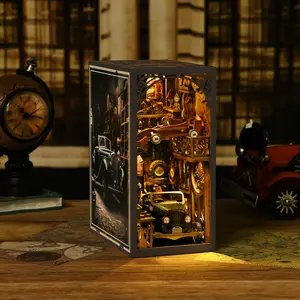 3D Wooden DIY Model Kit - Handcrafted Miniature Dollhouse Book Corner Bookend Bookshelf Insert Decor with LED Light, Car-Themed Gift for Car Lovers