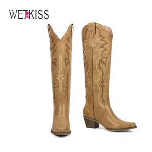 Wetkiss  Women Cowgirl Cowboy Knee High Tall Boots with Classic Retro Embroidered Chunky Heel Slip On Pointed Toe Womens Western Boots for Girls Ladies ,Women's Shoes,Women's Boots  #Summervibes #TikTokShopStockUp