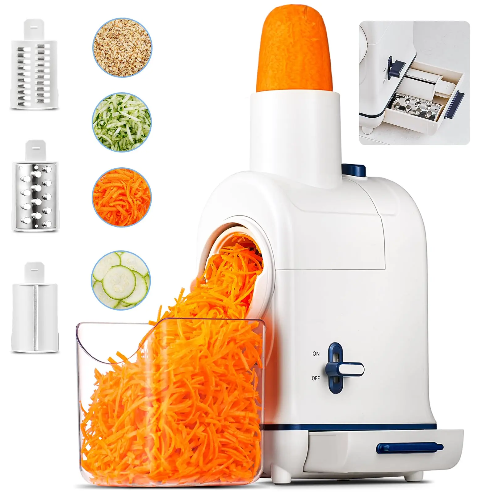 Electric Cheese Grater  Salad Maker 3 Replaceable Stainless Food Container Built-in Storage Machine For Cheeses Fruits Vegetables - Easy Cleanup & Assembly (white)