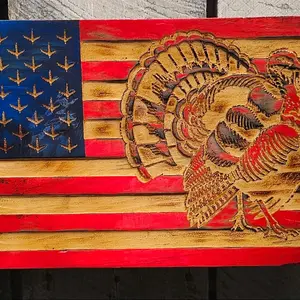 CNC Wood Turkey Flag 22"×12" Epoxy Super Shiny American Patriotic Design with Detailed Turkey Embellishment