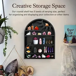 Crystal Shelf Display Crescent Sun Moon Stand Rack Witchy Holder For Stones Oils Essentials Shelves Wall Decor Rustic Wooden Boho Meditation Home Decor Halloween Thanksgiving Christmas Gift