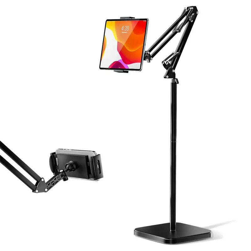 UBeesize Aluminum Alloy Heavy-Duty Floor Mount Stand Holder - 28–58.5 In Height, 360° Swivel Adjustable Arm, Tool-Free Setup, Compatible with iPhone 16/15/14/13 Series, SE, 12/11/X Series, iPad, Fire & Kindle - Hands-Free Bed/Couch Use