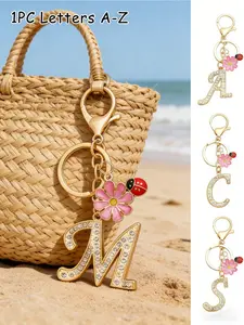 Sparkling Diamond Gold Letter Keychain With Pink Petals And Insect Pendant, Letter A-Z Three-Dimensional Pendant,Stylish Alloy Key Chain Ring, Bag Backpack Charm Car Key Holder, Perfect Accessories For Women's Daily Use, Great Couples Gift