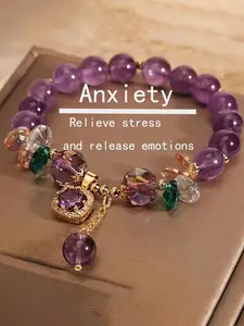 Fashion Amethyst Bead Bracelet with Cubic Zirconia, Unpainted Jewelry for Women, Perfect for Daily Wear and Gifting, Crystal Bracelets