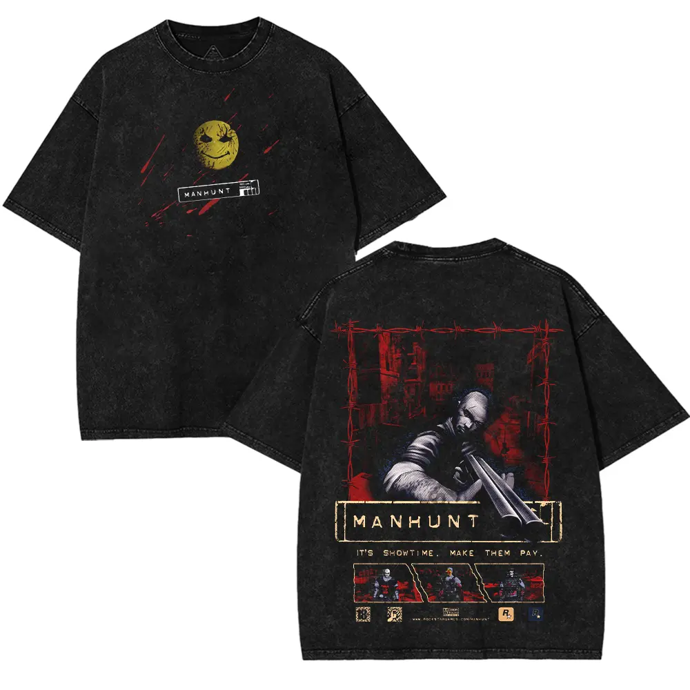 MANHUNT 'Showtime' Double Printed Washed 2 Sided Printing T-Shirt RPG action Video Top graphic t-shirts