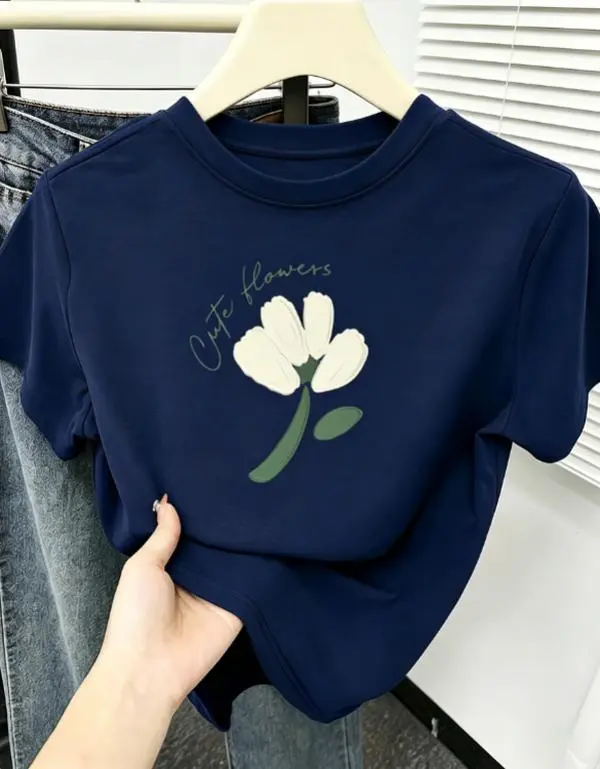 Women's Organic Cotton Short-Sleeve T-Shirt - Cute Tulip Flower Graphic, Flat White Floral Green Letter Print, Navy Casual Streetwear Aesthetic Botanical Basic Top, Shortsleeve, Tshirt