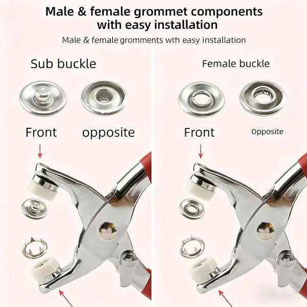 100PCS Metal Snap Buttons with Hand Press Pliers Set, Sewing Accessories Kit for DIY Clothing, Hats & Crafts, Seamless Fastener Tool Set