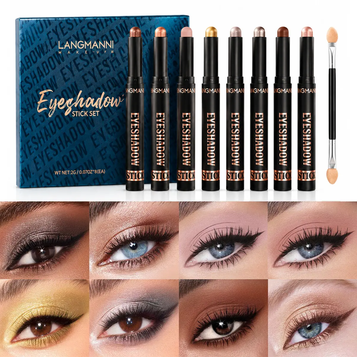 8 Colors Eyeshadow Stick Set with Blender Brush, Creamy Shimmer Waterproof Long Lasting Eye Shadow Crayon Pencil, Smudge-Proof Makeup for Beginners