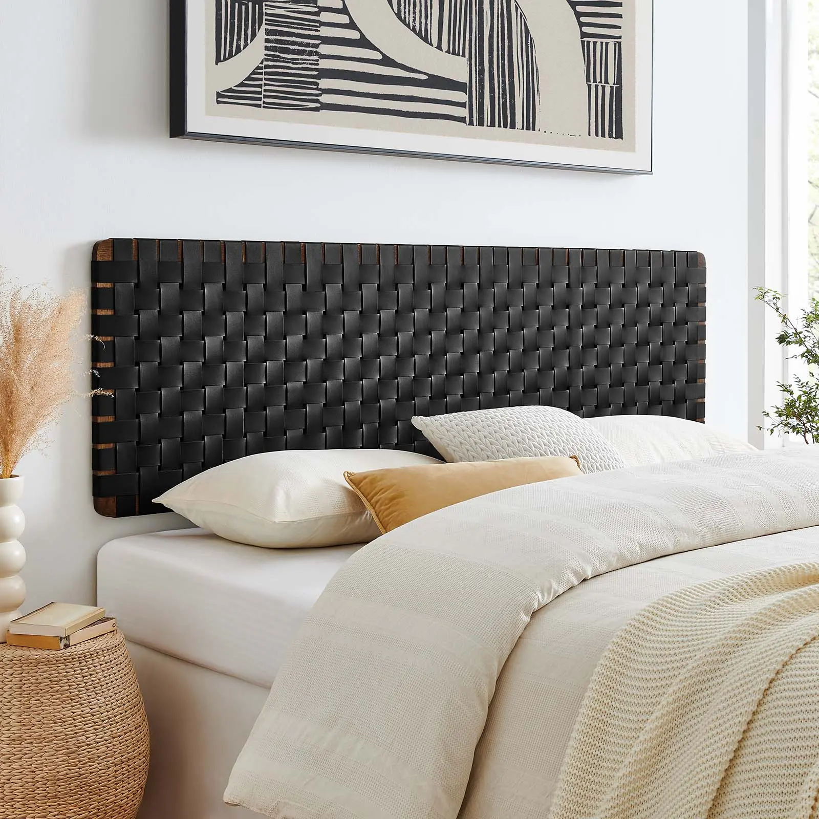 Modway Sparta Weave Wall-Mount King Vegan Leather Headboard, Walnut Black Finish - Unique Bedroom Indoor Furniture, Bed Frame Accessory, Unique Bedroom Furniture