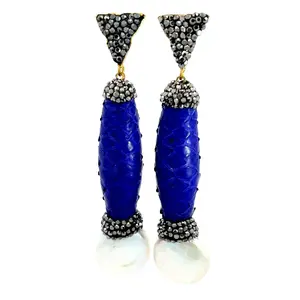 Blue Python Print Leather & Pearl Drop Earring