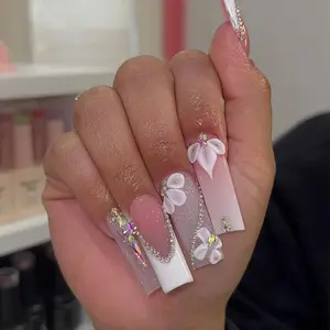Flower Pattern Fake Nails with Nail File & Gelatin Glue, 24pcs Long Square False Nails for Women & Girls DIY Nail Art, Effortless Press on Nails Manicure Set