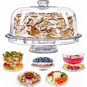 6-in-1 Multi-Purpose Cake Stand with Dome Cover and Lid BPA Free Can be Used as Serving Platter Punch Bowl Desert Platter and More