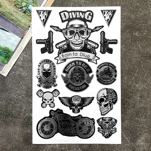 1SET American Retro Motorcycle Skull Sticker Pack, Black & White Hardcore Subculture Body Decal, Suitable for Motorcycle Helmets, Bikes, Skateboards, Laptops, Luggage, Personalized Scratch Cover Sticker