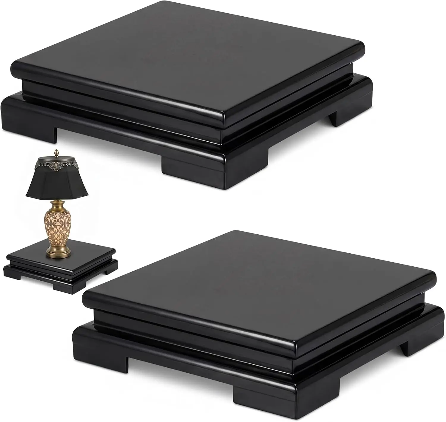 2 Pcs Square Wooden Display Stand Black Pedestal Vase Riser for Vases Teapot Trophy Collectibles Aquarium Lamp Home Decoration 7.9 x 7.9 x 2 Inch
