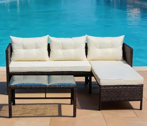 3-Piece Outdoor Patio Wicker Conversation Set, Rattan Sectional Sofa with Beige Seat Cushions