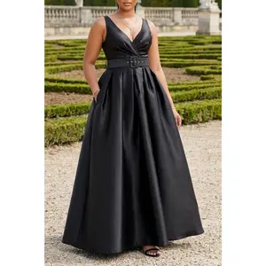 ELEGANCE V-NECK BELTED MAXI DRESS WITH POCKETS (BLACK)
