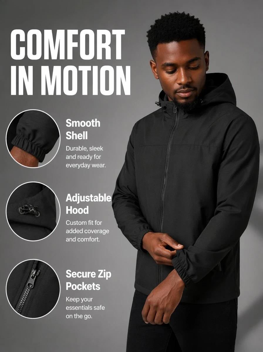 Men’s solid-color windproof hooded jacket with drawstring and zipper; casual long-sleeve jacket with zippered pockets; four-season men’s outerwear; casual-style jacket; men’s mountaineering sports jacket