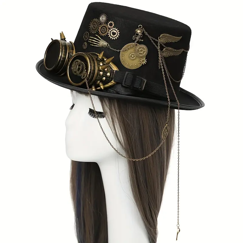 Funky Polyester Top Hat, Unisex Steampunk Victorian Accessory with Chain for Halloween Props & Renaissance Costumes, Goth, 58-59Cm Head Circumference, Carnival Carnivals, Felt, Masquerade Costume Parties, Steampunk Hat, Clothes, Thick, Chain Detail, Gothi