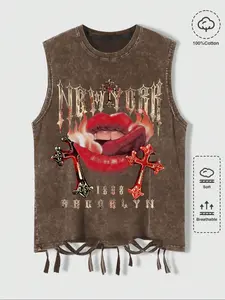 Men's Sleeveless Vest T-Shirt, Vintage Washed Reversible Graphic Print, Loose Casual Summer Top, Lightweight Soft Fabric