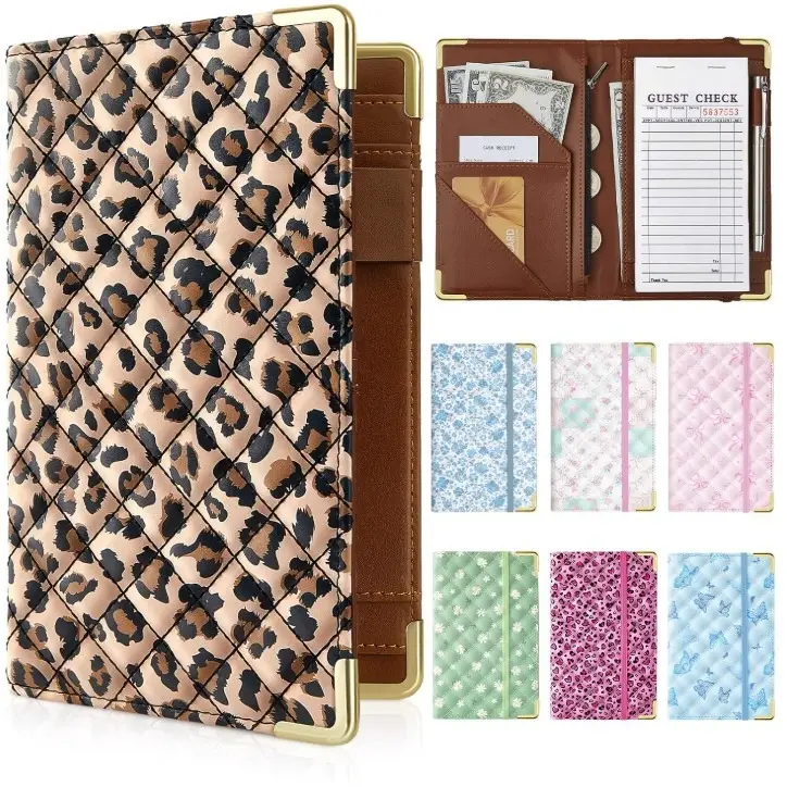 Server Book for Waitress Quilted PU Leather, Zipper Pocket, Pen Holder, Fits Apron Organize Cash, Checks, Cards
