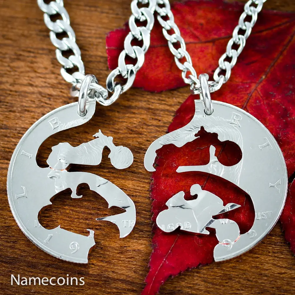 Bike Jewelry For Couples or Best Friends, Motorcycle and Street Bike Necklace Set, Relationship Interlocking Coin Necklaces