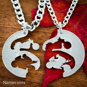 Bike Jewelry For Couples or Best Friends, Motorcycle and Street Bike Necklace Set, Relationship Interlocking Coin Necklaces