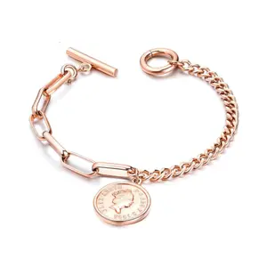 Link Bracelet with Coin Charm and Toggle Clasp