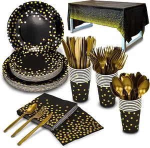 TabreMstr 176-Piece Gold Disposable Party Dinnerware Set - Elegant Black & Gold Dot Plates, Cups, Napkins, Cutlery for Weddings, Birthdays & Holiday Events