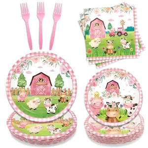 96PCS Farm Animals Party Supplies Tableware Set Farm Birthday Party Barn Animal Theme Party Cute Pink Animal Baby Shower Dessert Plate Dinner Plate Paper Napkins Forks Dinnerware for 24 Guests