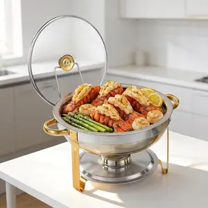 Self-Service Insulated Serving Tray Set, 2-Piece 4.5 Quart Round Stainless Steel, Gold & Silver Color, Glass Lid & Holder, Ideal for Parties, Weddings