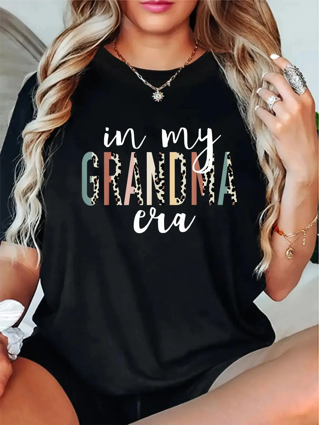 Women's 100% Cotton Short-Sleeve Oversized Printed Casual Apparel, Grandma-Era Leopard Letter Print Funny Gift T-Shirt
