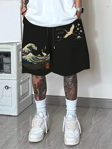 Japanese Aesthetic Graphic Print Shorts, Kanagawa Surf Crane Drawstring Loose Fit, Side Pockets, Casual Summer Streetwear Beach Vacation
