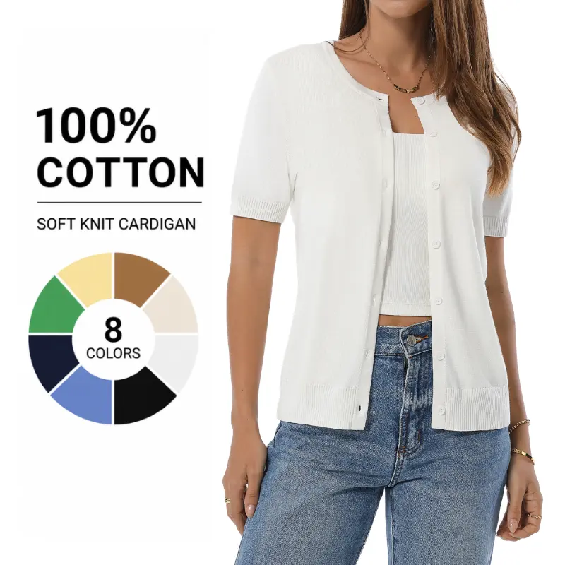 QUALFORT Women’s 100% Cotton Cropped Cardigan Sweater - 2026 Shortsleeve Button-Down Shrug, Lightweight Knit Basic Clothes, Business Casual Summer Top,summerwins,summeroutfits,vacationoutfits,beachoutfits