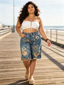 Vintage Floral Ripped Denim Shorts High Waist Wide Leg Knee Length Pants Elastic Back Waist 5 Pockets Distressed Frayed Hem Spring Summer Casual Wear Music Festival Beach Vacation Streetwear Y2K Boho Style Women's Shorts