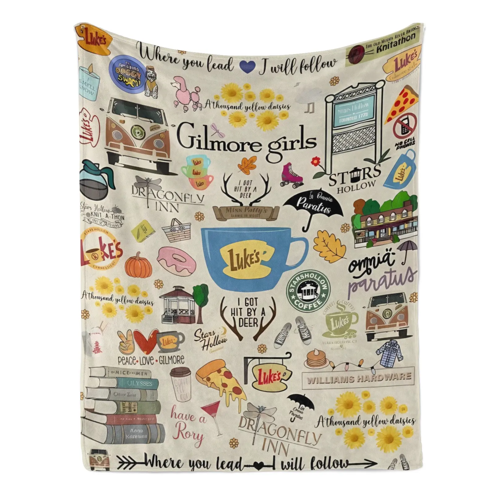 Gilmore Girls Themed Ultra-Soft Polyester Fleece Flannel Print Throw Blanket for Fans of Gilmore Girls, Featuring Luke's Diner, Stars Hollow, Where You Lead Quotes, Modern Bed/Couch Decor, Machine Washable (SK Tj Maxx Collection)