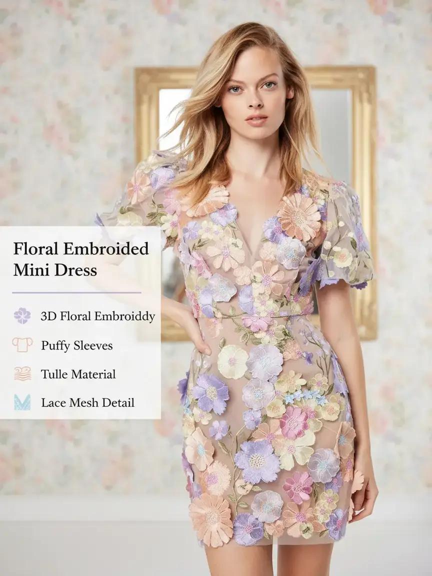 Women's Summer 3D Floral Embroidery Dresses Puffy Sleeve Tulle V-Neck Lace Mesh Mini Dress