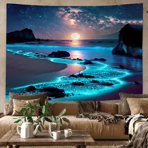 1 Sheet, Charming Blue Ocean and Moon Tapestry - Polyester Wall Hanging for Bedroom, Dorm Decoration |     Free Accessories Included