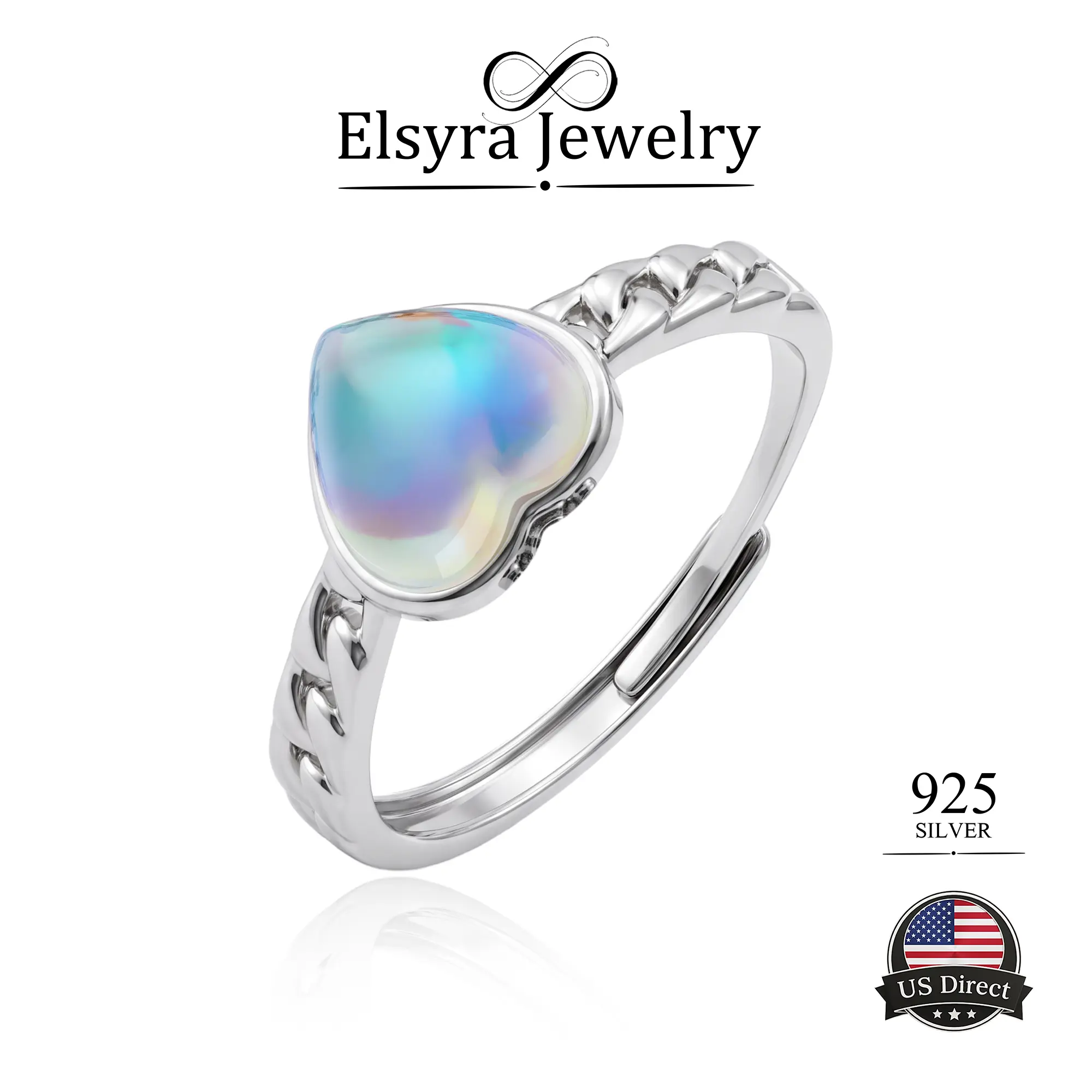 ELSYRA Female 925 Sterling Silver Heart Design Moonstone Tension Ring - Adjustable, Temperature-Sensitive Mood-Changing, Daily Elegant Promise Ring for Wedding, Birthday Gifts